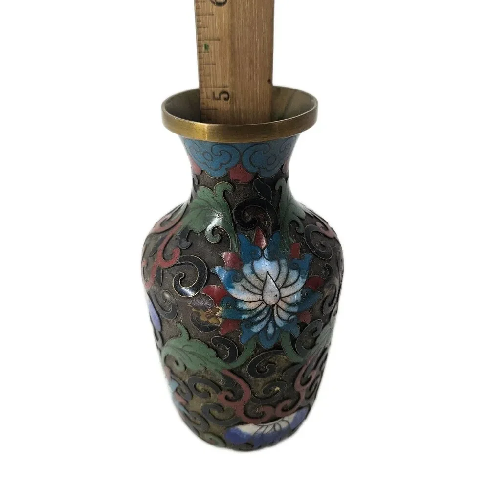 Vintage Chinese Cloisonné Miniature Vase Floral Enamel Bronze Art Small